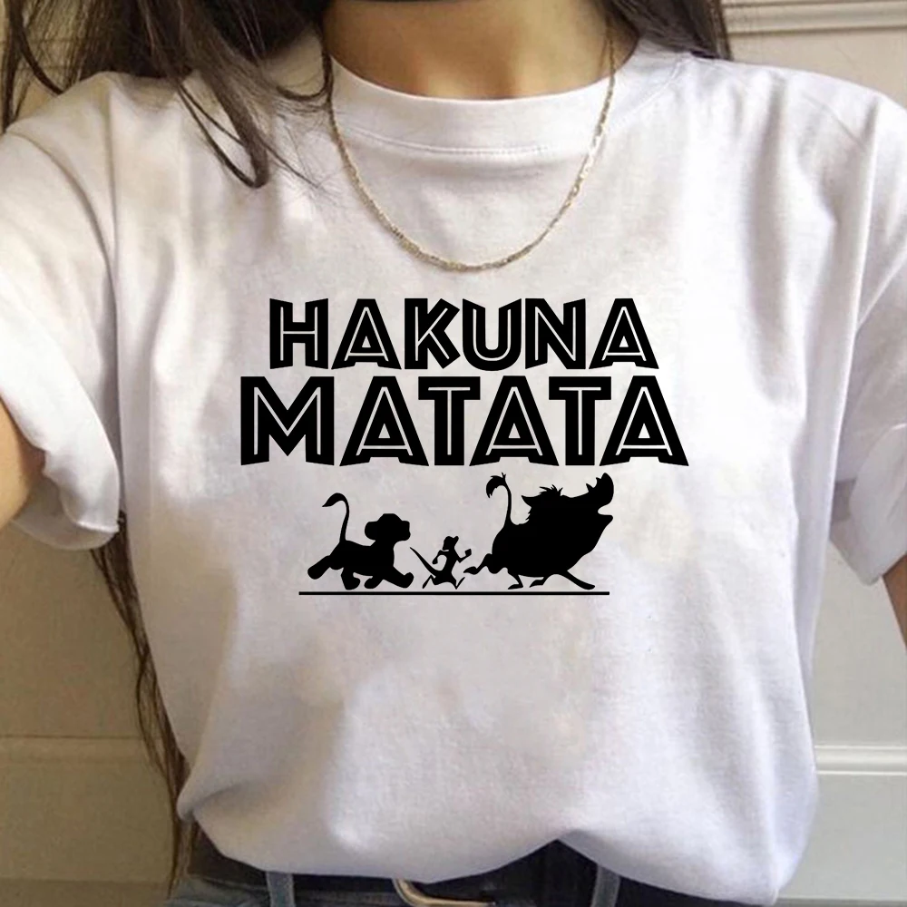 

Summer T Shirt Women Harajuku HAKUNA MATATA Clothes Streetwear Cartoon Lion King Print Cotton O-neck White Tshirt Tops Dropship
