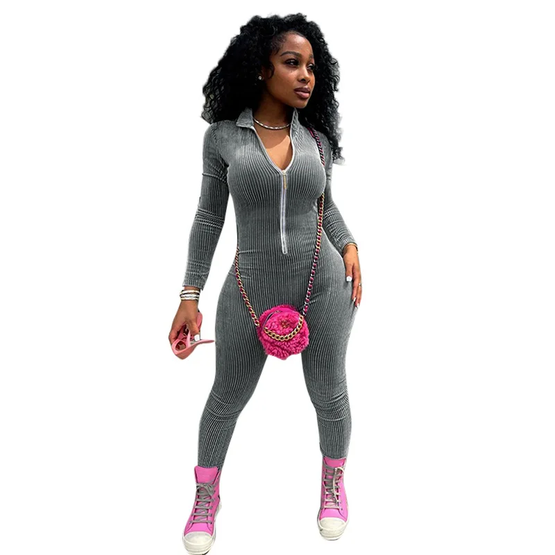 

Осенние облегающие комбинезоны, соблазнительные однотонные комбинезоны с воротником-стойкой и длинным рукавом, повседневные Комбинезоны ...