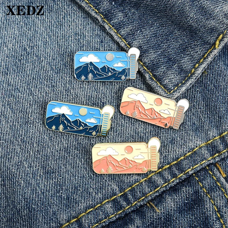

XEDZ Dream Drifting Bottle Metal Pin Snow Mountain Blue Pink Comic Wind Sunset Cloud Badge Custom Punk Brooch Gift for Friends
