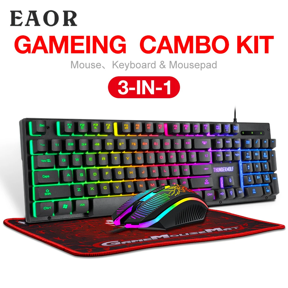 eaor 3pcs gaming keyboard mouse mouse pad set rgb glowing wired gaming keyboard mouse combos for desktop laptop pc gamer free global shipping