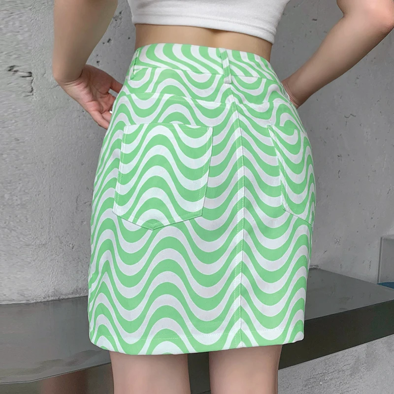 

Green High Waist Skirt Fashion Striped Wavy Fork Skirts Womens Slim Packahe Hip A-line Skirts Faldas Mujer Moda 2021