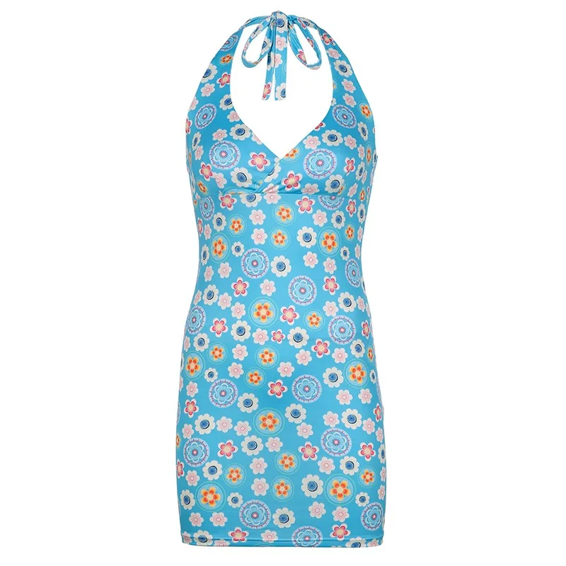 

Women's 2021 summer new V-neck print hanging neck tie with dew backpack hip dress women