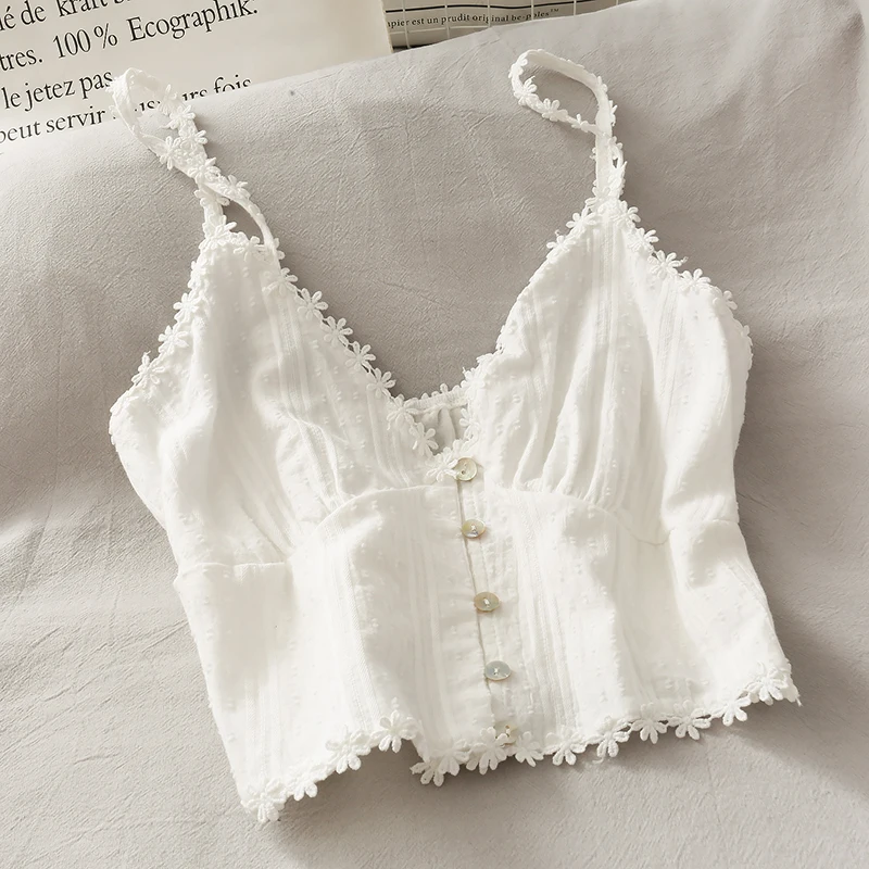 Sweet little fresh short navel lace Halter blouse for women 2020 new students to wear a small vest with buttons | Женская одежда
