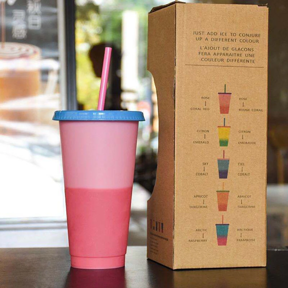 

5pcs Color Changing Reusable Cold Cup Tumblers Reusable Discoloration Bottle With Straw Drinkware Plastic My Drink Bottle