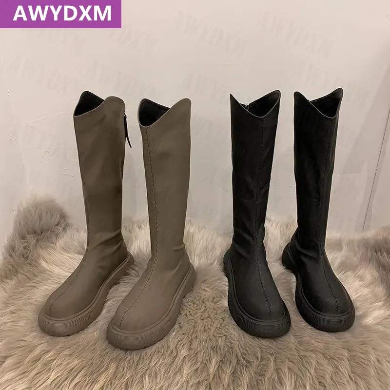 

Женские сапоги на плоской подошве, зимние сапоги до колена, модные мотоциклетные сапоги-гладиаторы на молнии, обувь Челси из искусственной ...