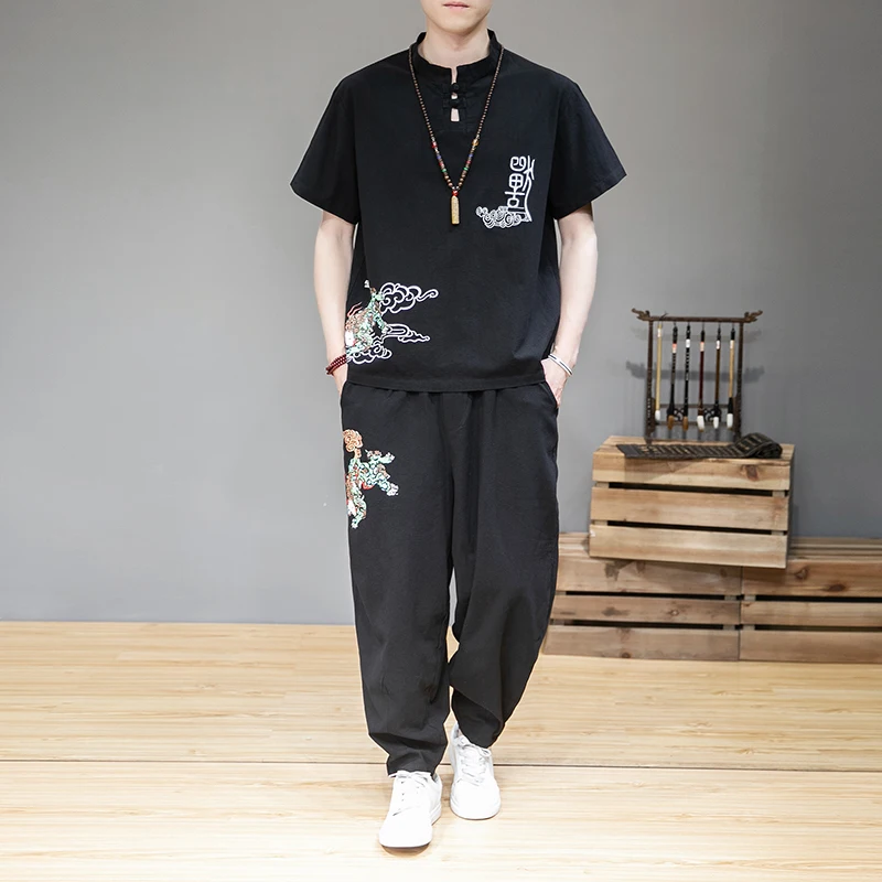 

Мужской комплект из 2 предметов, рубашка с коротким рукавом и воротником мандарина и свободные штаны в китайском стиле, комплект из 2 предмет...