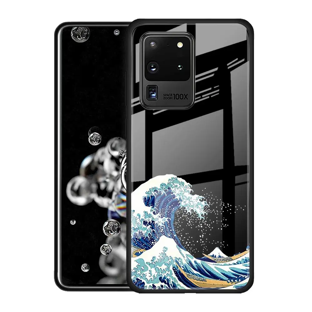 

Tempered Glass Case Coque for Samsung Galaxy S10 S20 Ultra 5G S8 S9 S10 S20 Plus Note 10 Plus Phone Cover Wave Art Japanese Gree