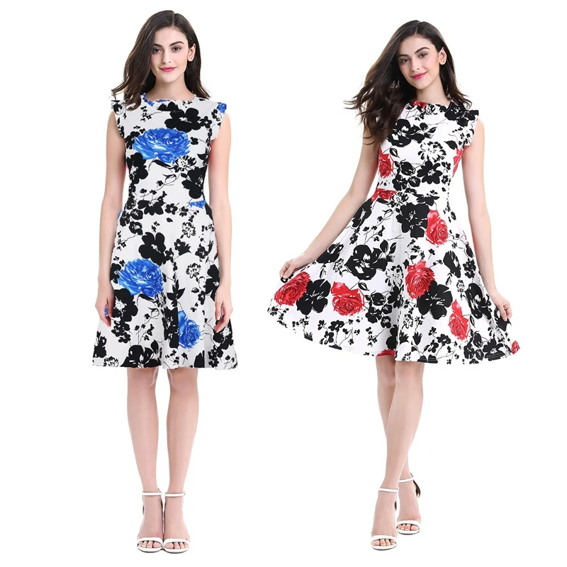 Женское платье без рукавов с круглым вырезом и цветочным принтом повседневные