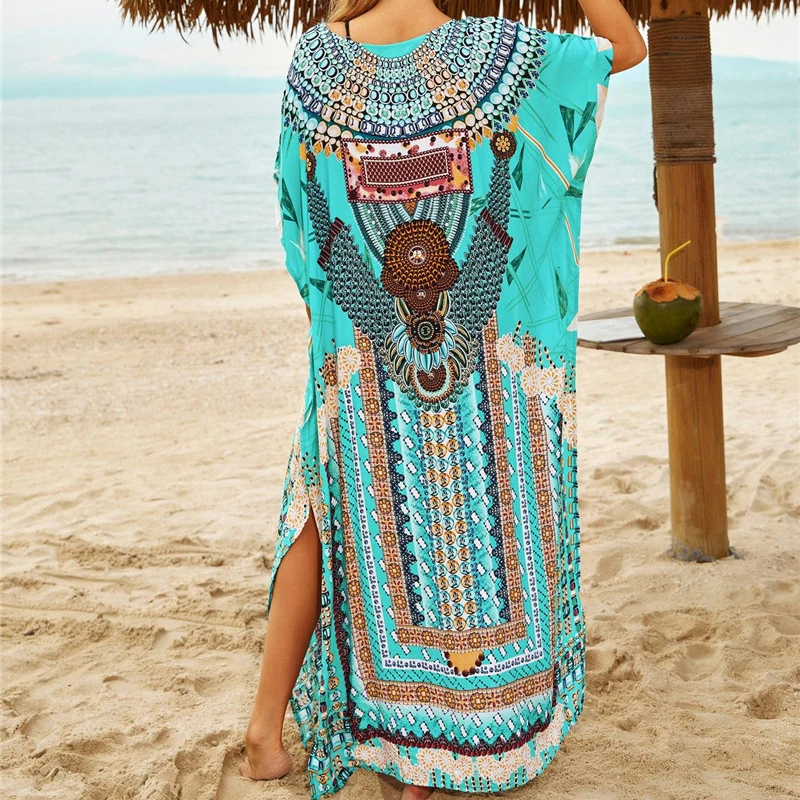 

Vintage tunic for women Sexy loose printed beach dress female Short sleeve swimsuit cover ups beachwear bathing suit cover up