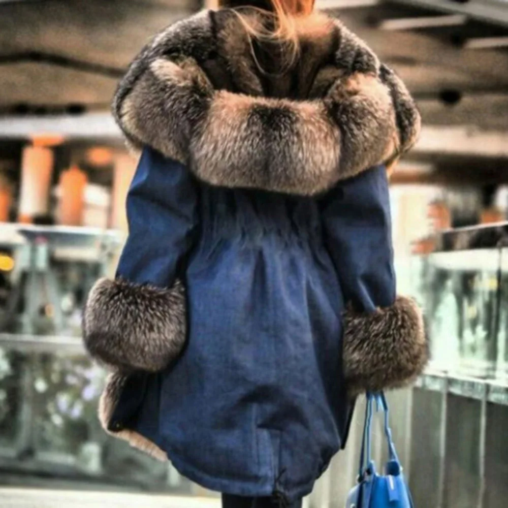 

Western Style Faux Fur Overcoat Autumn Winter Fashion Loose Thicken Keep Warm Hooded Single-breasted Solid Color Long Sleeve