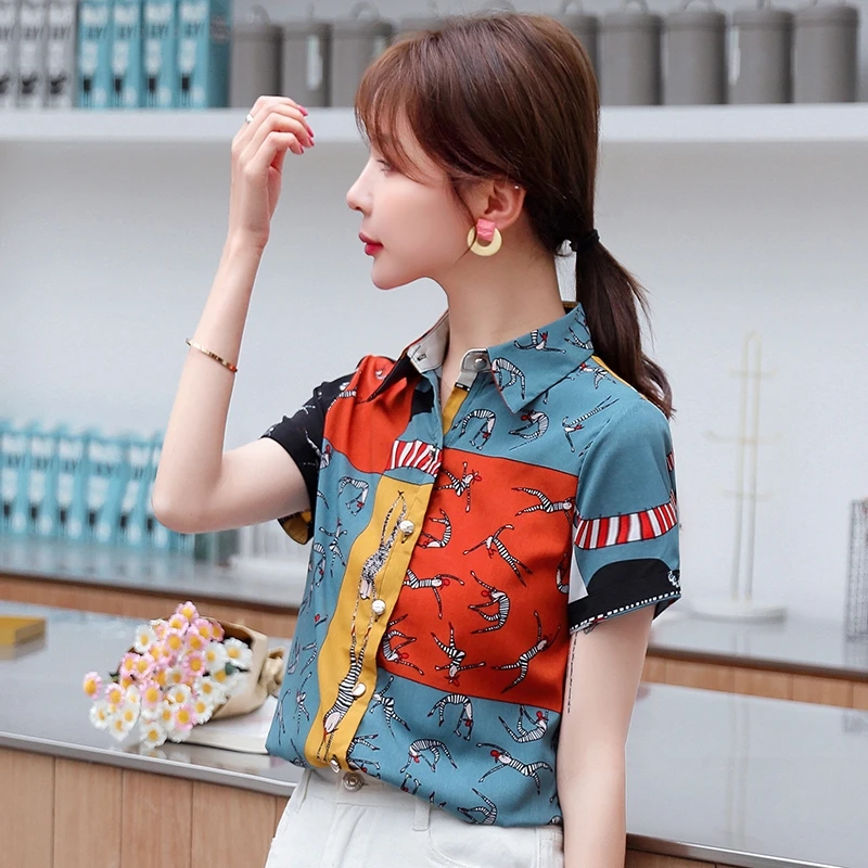 

Houthion Summer Short-sleeved Women's Blouses Top Shirt New Fashion Casual Lapel Korean Loose Sexy Blouse Cartoons