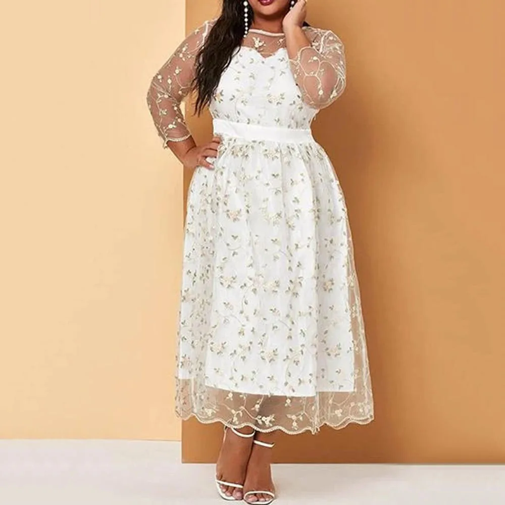 Женское прозрачное Сетчатое платье макси белое кружевное лоскутное большого