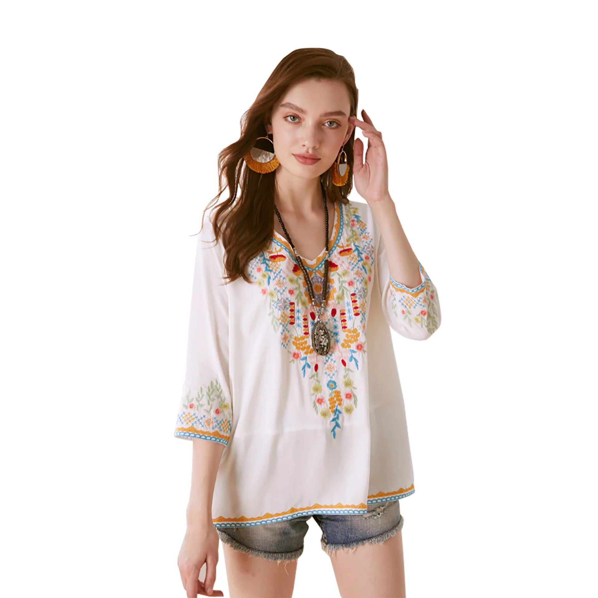 

Reduce Age And Look Thin Women's Embroidered Long-Sleeved Shirt British Style V-Neck
