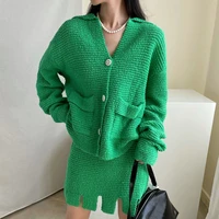 new korean version of the autumn style v neck single row long sleeved sweater temperament high waist short skirt knit suit women