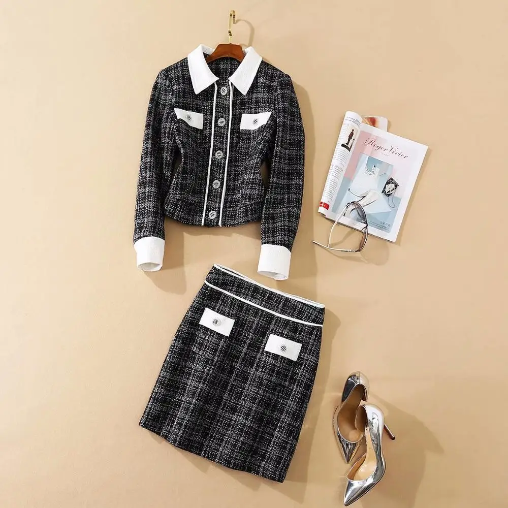 

and American women's European wear 2021 autumn new style Long - sleeved single - breasted jacket skirts Fashionable tweed suit