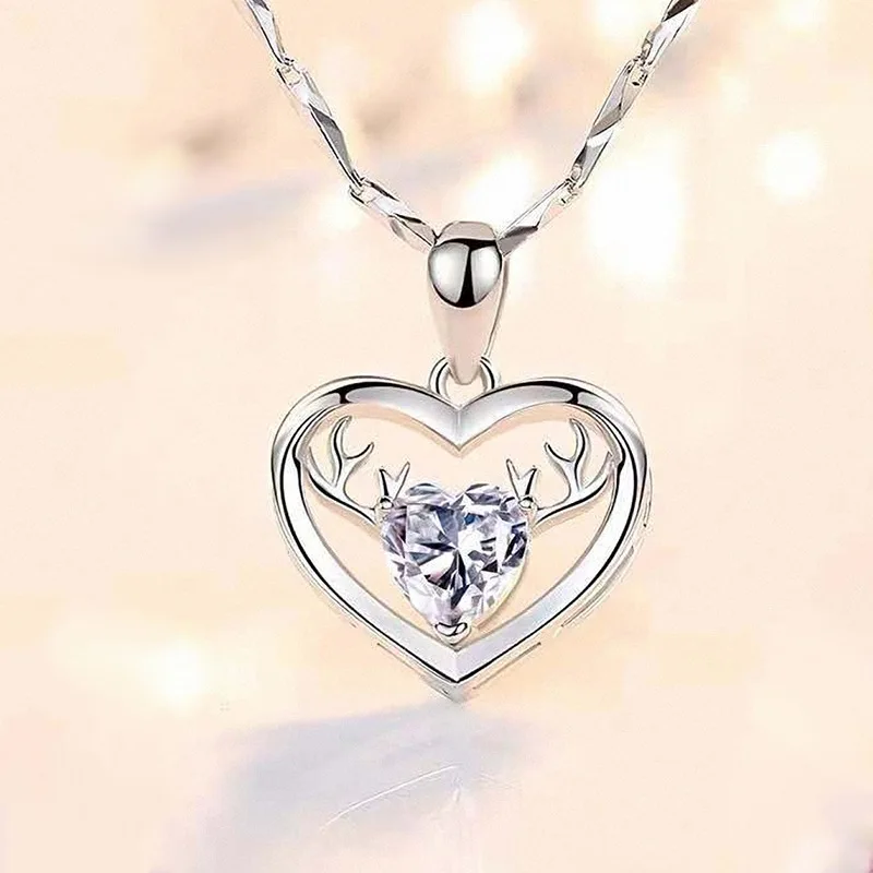 

925 Sterling Silver New Woman Fashion Jewelry High Quality Crystal Zircon Elk Antlers Pendant Popular Necklace Length 45CM