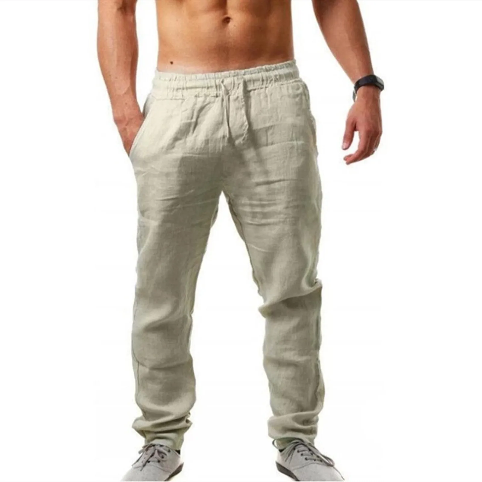 

Men's Elastic Pants Solid Color Sweatpants Breathable Cotton Linen Loose Casual Pants Breathable Pants Pantalones Work Joggers