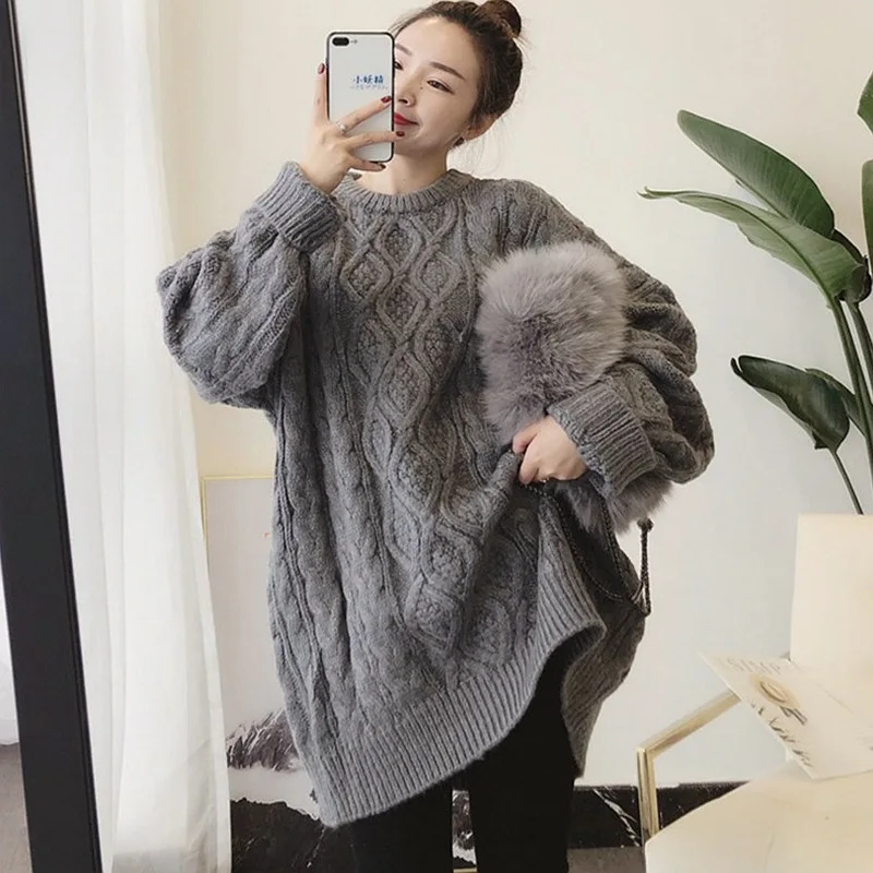 

Осенне-зимний комплект большого размера с принтом конопляных цветов, женский свободный свитер, плотный свитер для ленивых, повседневный за...