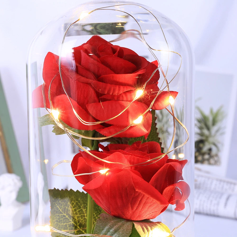 

LED Light 2pcs Artificial Roses Flowers In A Glass Dome Home Party Wedding Decor Gift For Birthday, Valentine'S Day Mother'S Day