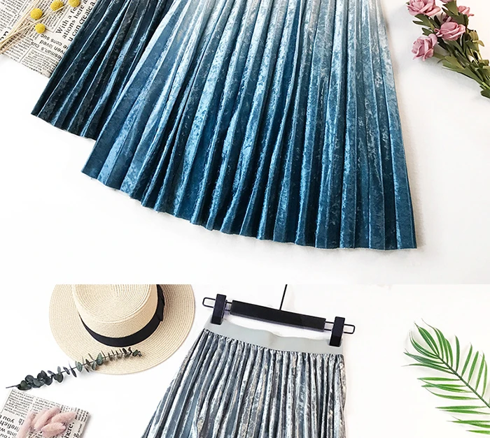 SURMIITRO Warm Velvet Midi Skirt Women Autumn Winter Korean Pink Gradient Ladies High Waist Pleated Long Skirt Female