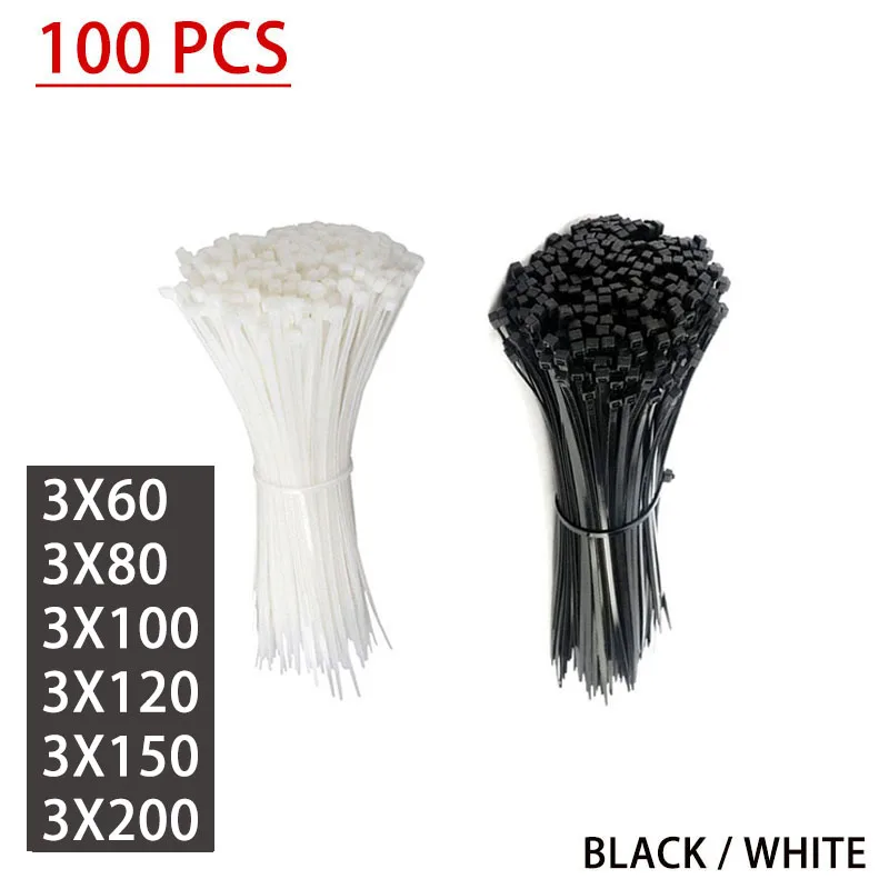 100 PCS Self-locking Plastic nylon cable tie black/white cable tie fastening ring 3x60~200 industrial cable tie cable tie set
