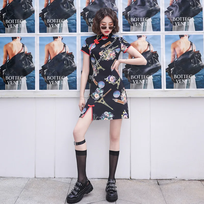 

Loose A-Line Print Short Dress Retro Party Dress For Women Chinese Traditional Costumes Women Improved Cheongsam