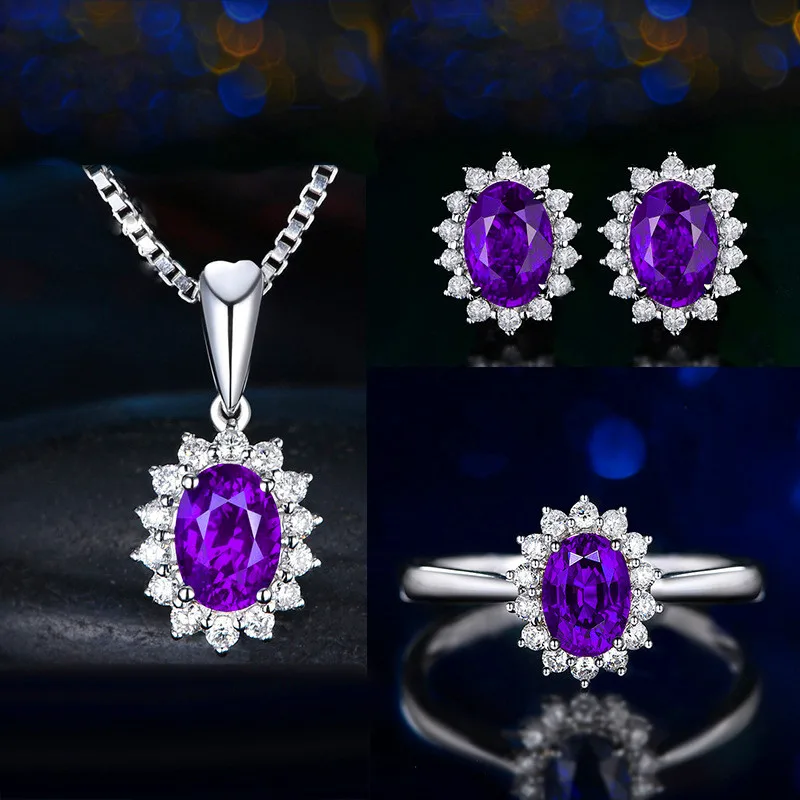 

Luxury Female Crystal Blue Jewelry Set Charm Silver Color Wedding Clip Earrings For Women Cute Flower Chain Necklace Oval Ring