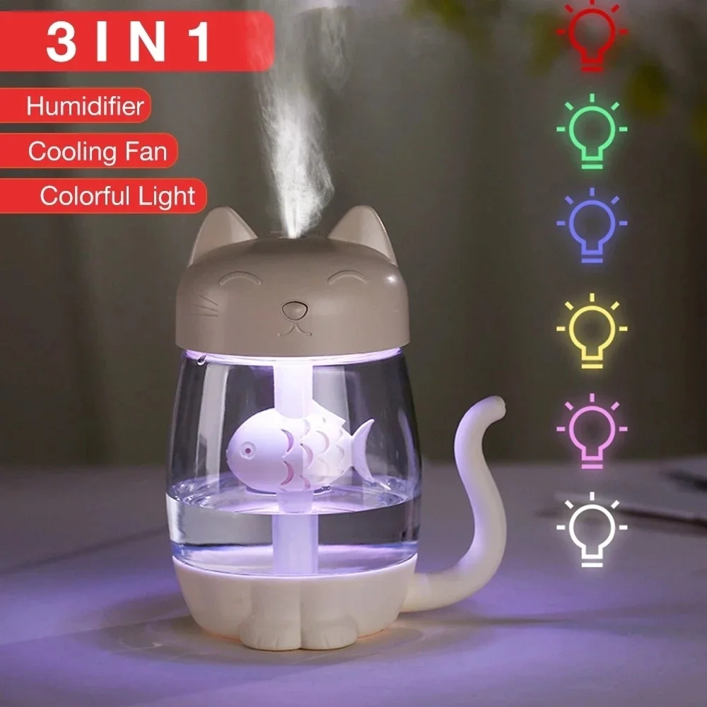 

350ml Cat Ultrasonic Air Humidifier with Mini Fan Light Aroma Essential Humidifier Oil Diffuser Ultrasonic Cool Mist Car