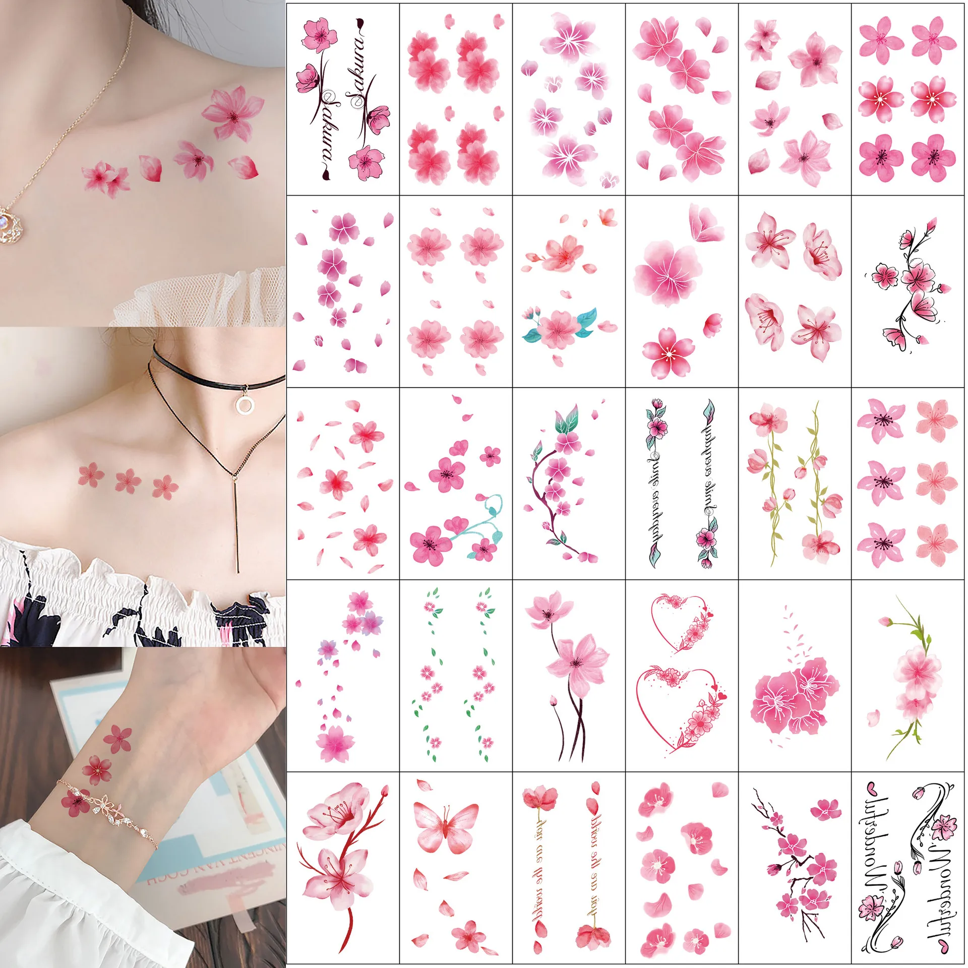 30Pcs Flowers Fake Sakura Tattoo Stickers Chest Taty Waterproof temporary Tatto Brid Cherry Blossom For Women Tattoo Body makeup