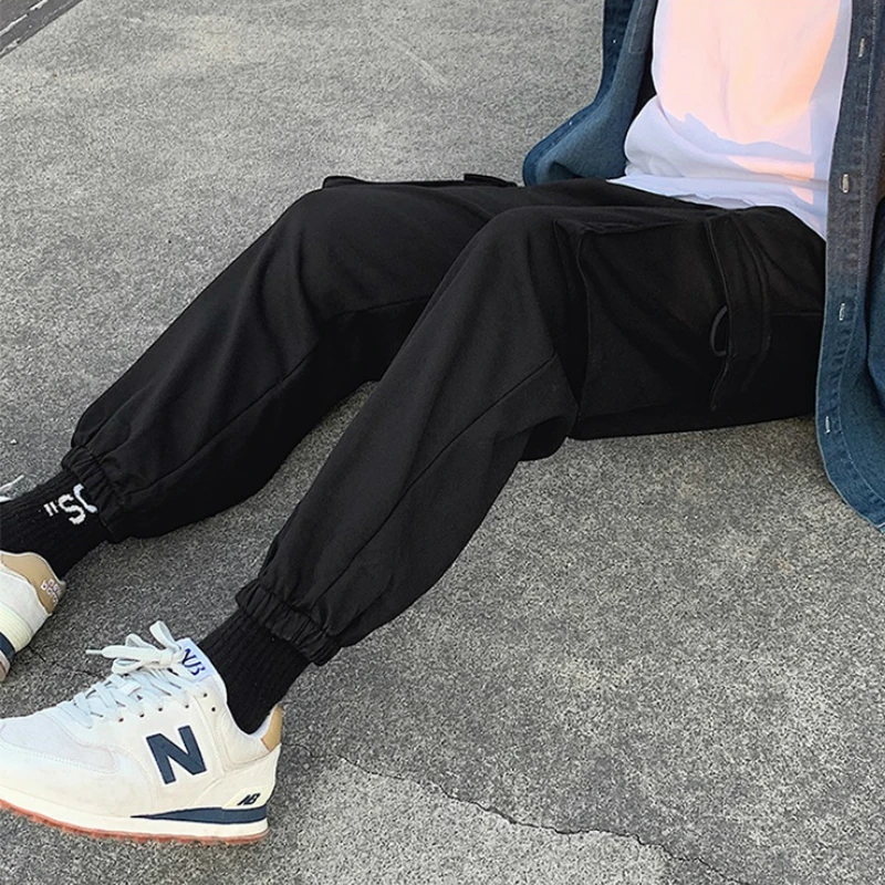 

Sweatpants Men Pockets Elastic Waist Bundle Feet Safari Style Straight Baggy Korean Fashion Ins All-match Casual Male Trousers