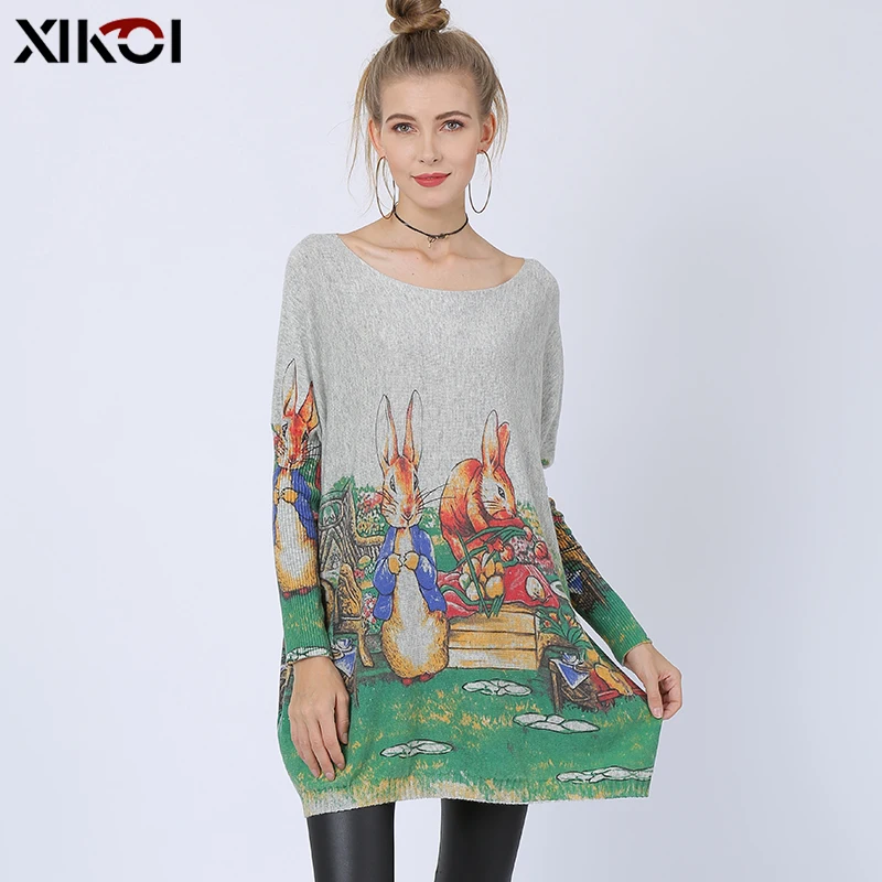 Женское трикотажное платье-свитер XIKOI с изображением милого кролика зимние