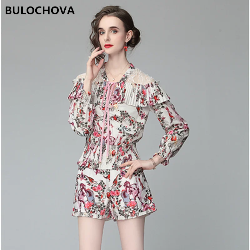 

Fashion Print Women's Pant Suits Clothes 2021 New Arrival Womans V Neck Patchwork Lace Long Sleeve Tops + Shorts 2 Pieces Sets