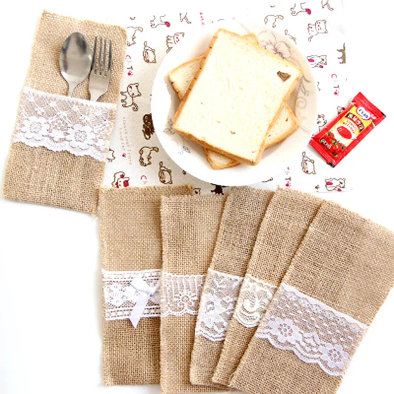 Вилки для ножей из Сумка посуды джутовой мешковины лента с кружевом винтажные