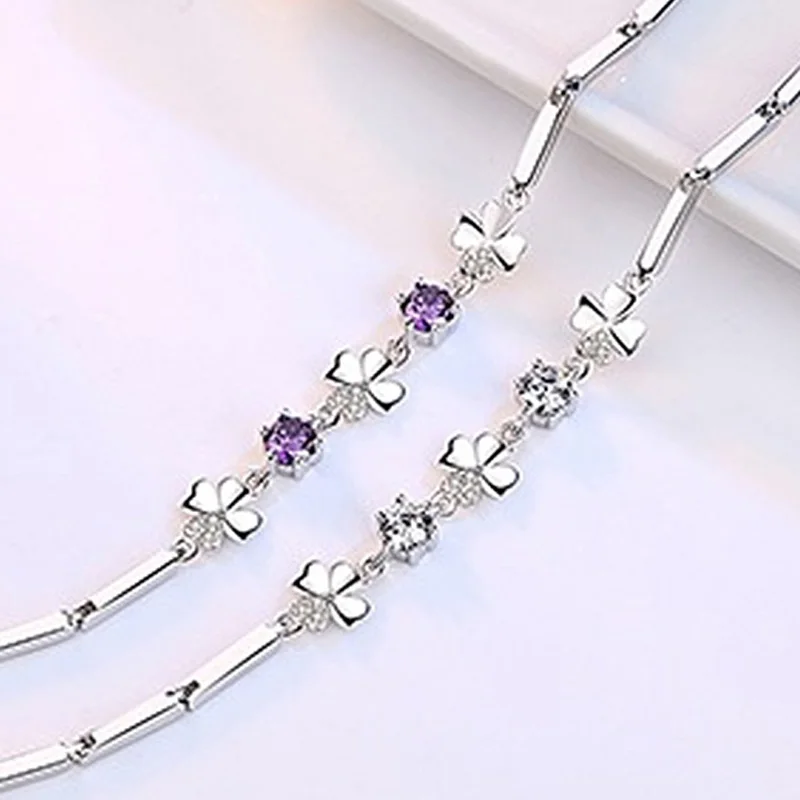 

925 Sterling Silver Fashion White Purple Crystals Bracelet For Women Charm Retro Chain Bangle Wedding Party Jewelry Gift
