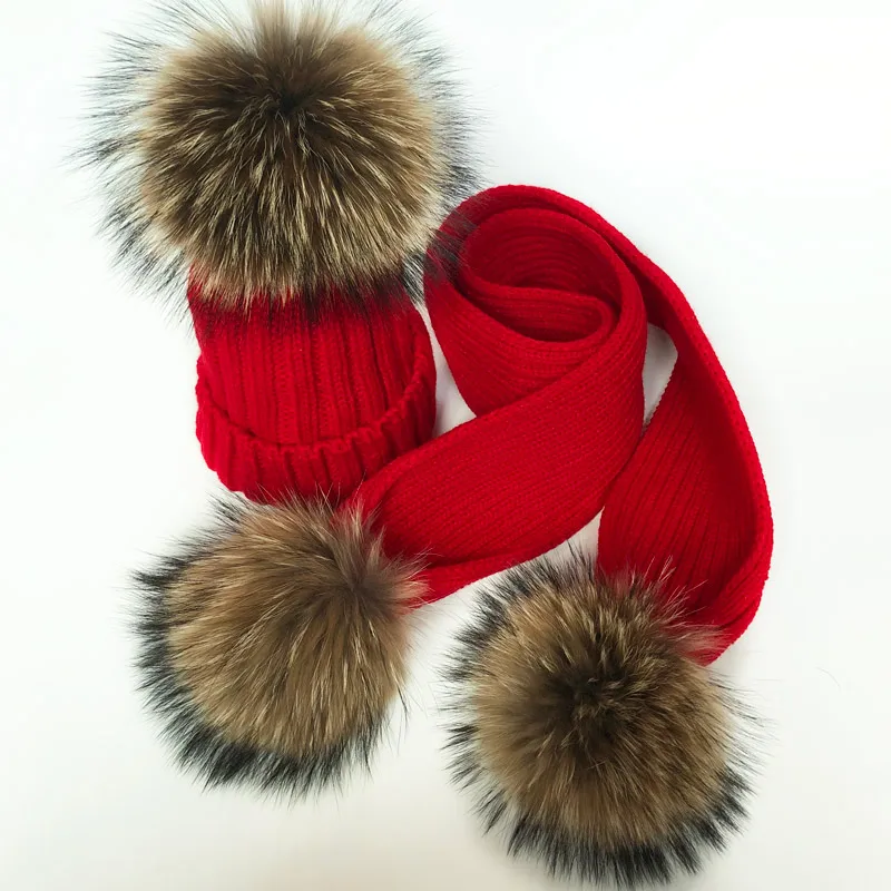 

Real Raccoon Fur Pompon Winter Hat and Scarf Set Children Skullies Girl Pom Pom Beanie Warm Knitted Bobble Fur Pompom Hat