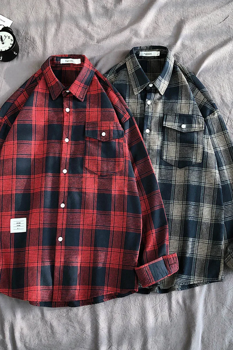 

Autumn Long Sleeve Red Lattice Men Shirt Fashion Turn Down Collar Cotton Shirts Chest Pocket Versatile Male Tie Lapel Shirts