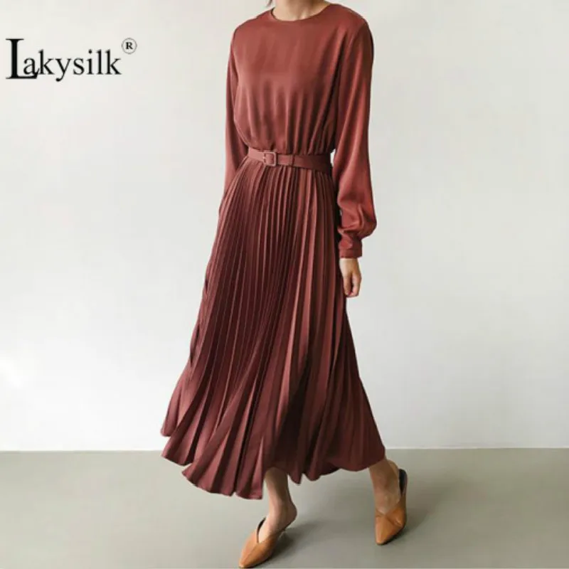 Элегантное Плиссированное длинное платье с поясом однотонное длиной до