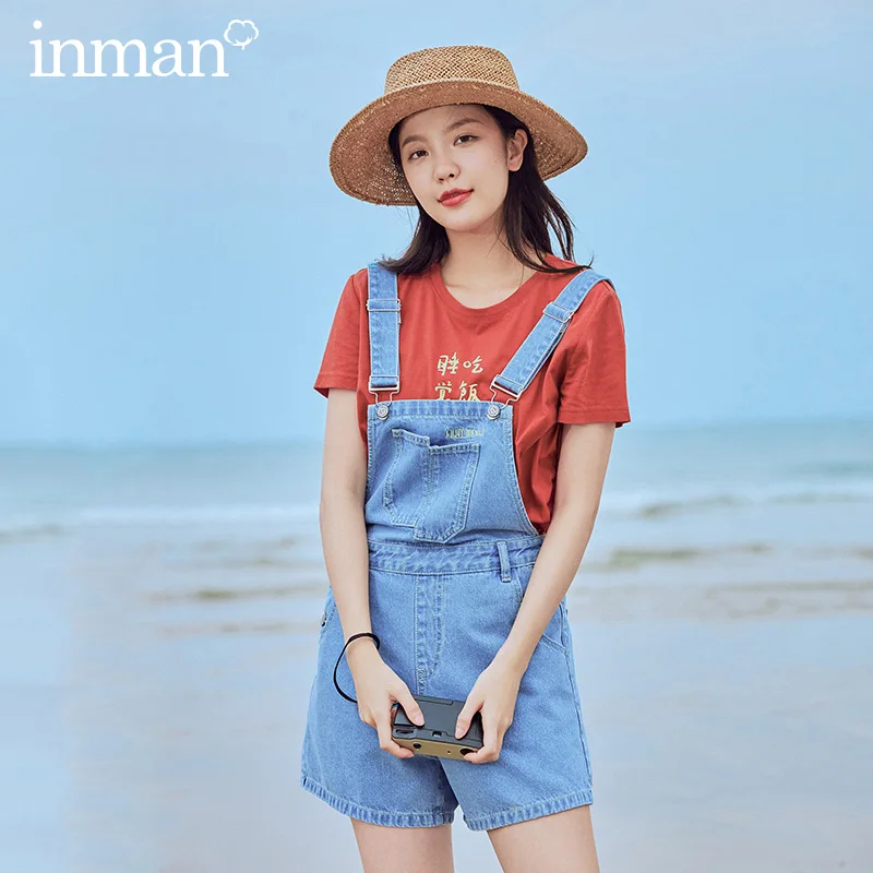 Модные свободные короткие брюки на подтяжках с вышивкой из чистого хлопка inman