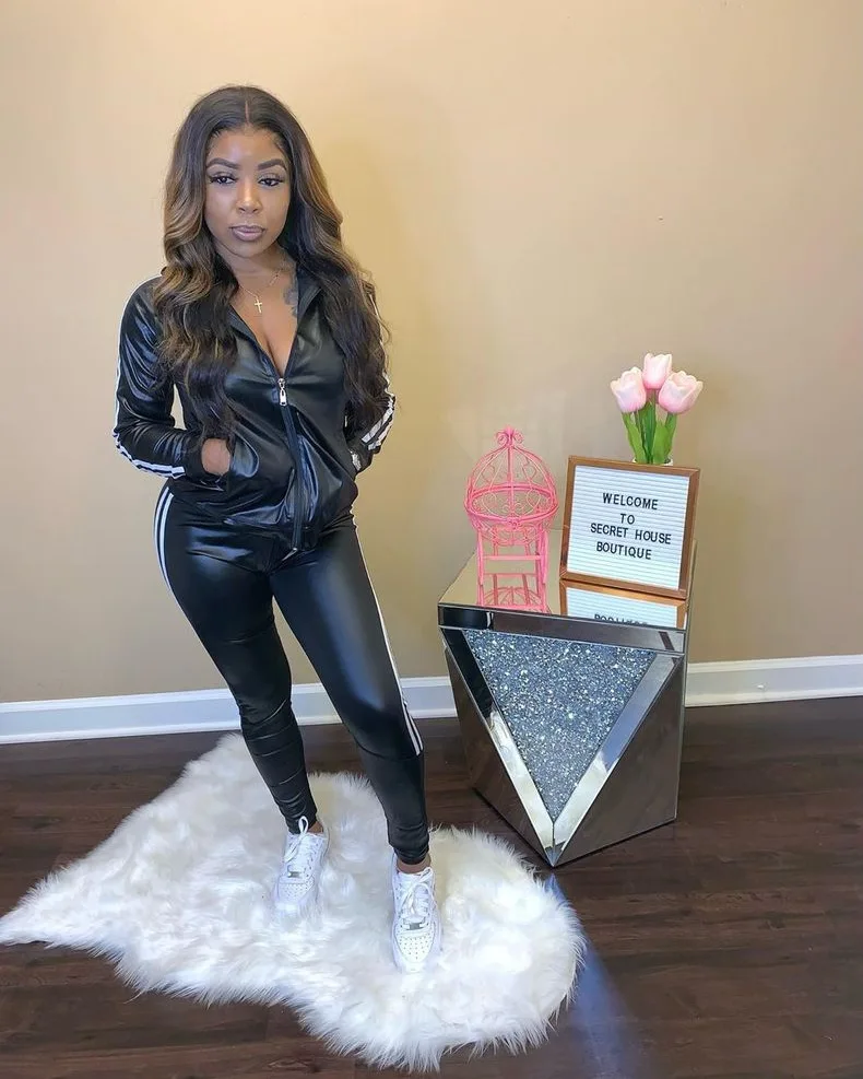 

PU Leatherwear Cool Girl 2 Piece Outfits For Women Sets Clothing Zipper Long Sleeve Jacket Skinny Pencil Pants Free Dropping