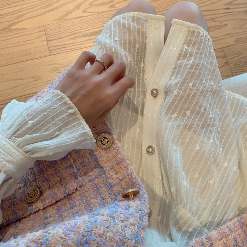 

2021 Autumn Two-piece Women's Shorts Suit Ladies Small Fragrance Vest + Lace Bowknot Dress 2-piece Women's Suit Clothes Tops New