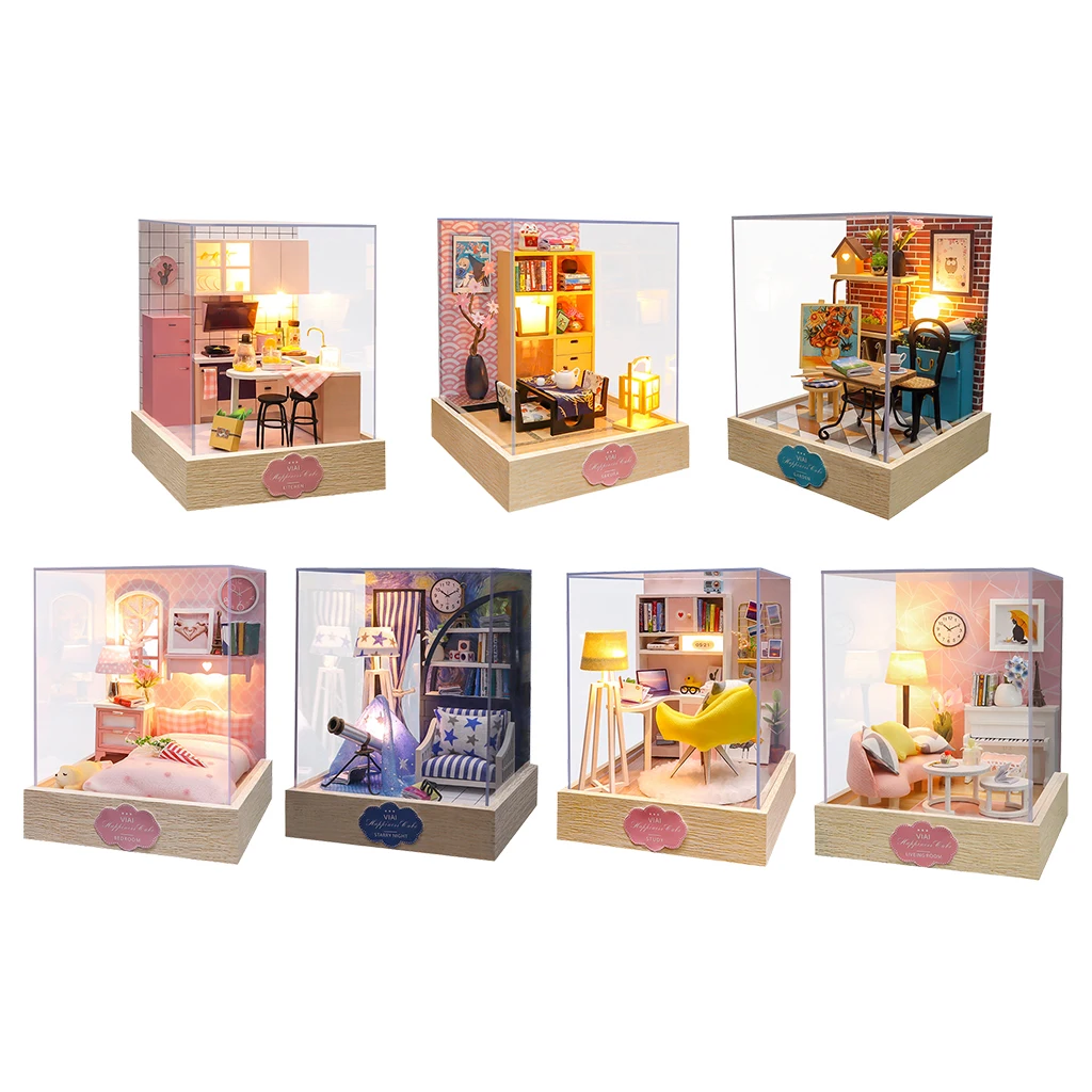 

Mini Wooden Dollhouse Miniature with LED Light Model Holiday Gift for Lovers