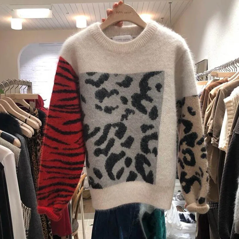 Женский леопардовый свитер с принтом зебры норковый кашемировый вязаный зимний