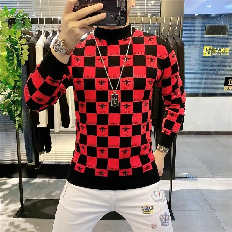 Men's 2021 Autumn and Winter New Thick Plaid Printing Long-sleeved Men's T-shirt Enlarged T-shirt Khaki Graphic Men's Clothing
