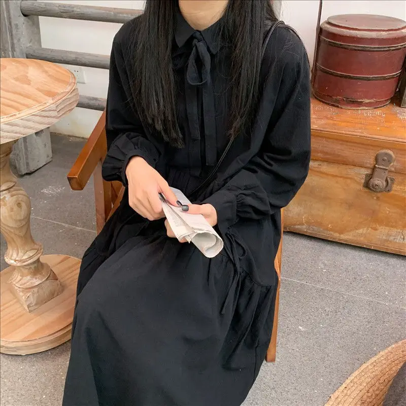 

Vintage Elegant black Long Sleeve Midi Dress autumn 2021 Harajuku bandage Polo Collar Korean Style Dresses for Women Chic