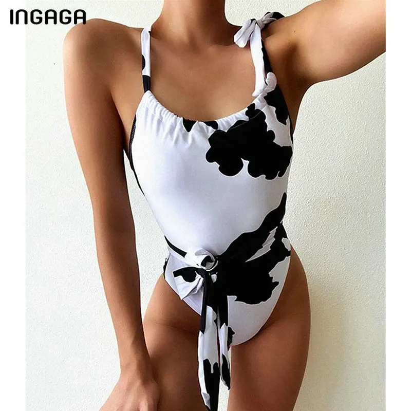 

INGAGA High Cut Swimsuits One Piece 2021 Sexy Belted Swimwear Women Bow Print Bodysuit New Knotted Bathing Suits Summer New