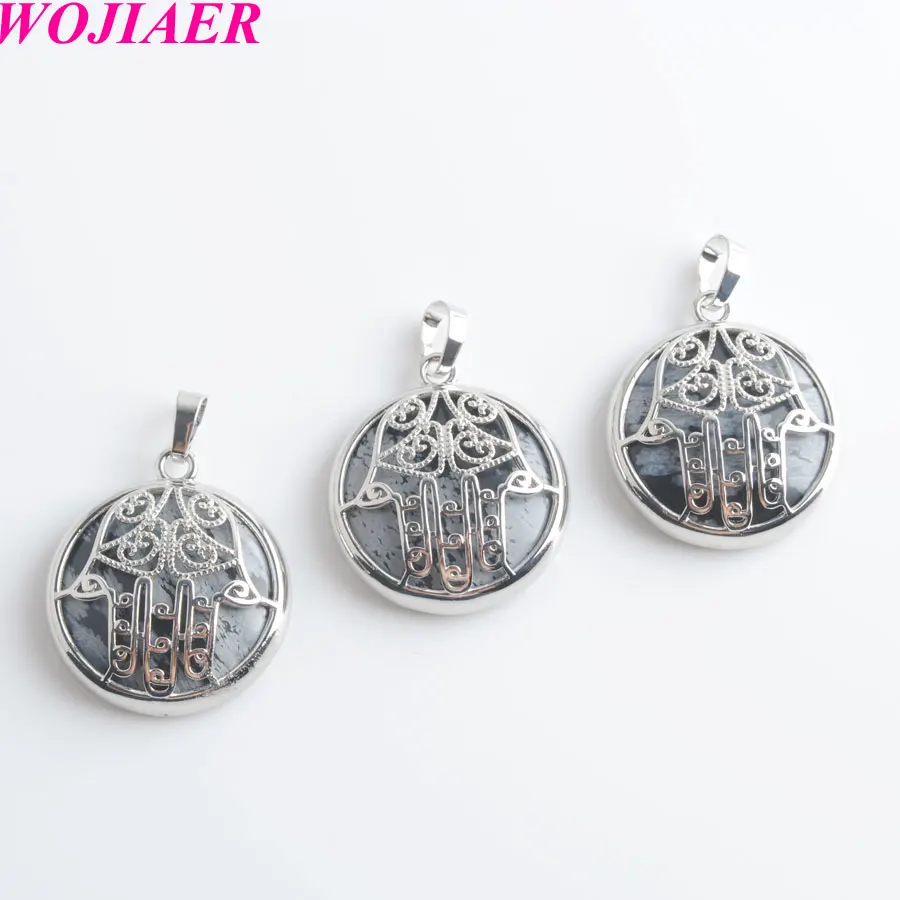 

WOJIAER Natural Stone Cabochon Crystal Pendants Alabaster Fatima Hamsa Hand Amulet Silver-color Charm Jewelry PW9008