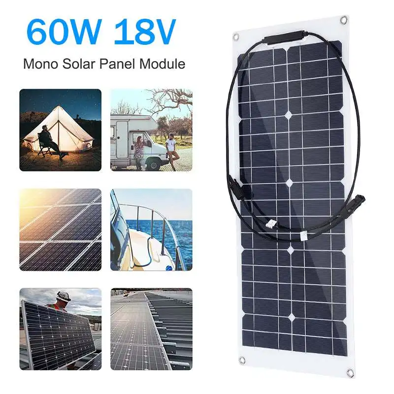 Солнечная панель 60W 18V полупрозрачная монокристаллическая клетка модуль DIY кабель наружный коннектор зарядное устройство для аккумулятора, водонепроницаемая.