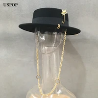 uspop new women fedoras winter wool hats fashion black fedoras with metal chain