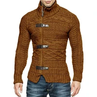 fashion men sweater autumn winter high neck sweater men leather buckle long sleeve knitted cardigan coat large size men clothing