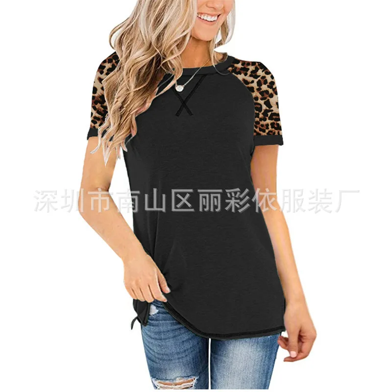 

2021 summer new leopard round neck short sleeve T-shirt women's top